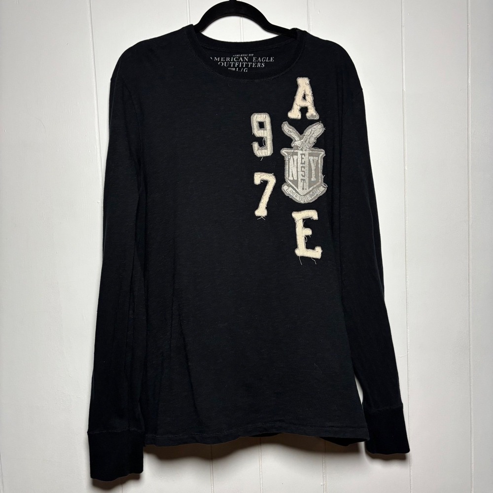 American‎ Eagle Outfitters Mens Athletic Fit Long Sleeve Graphic T-Shirt Black L